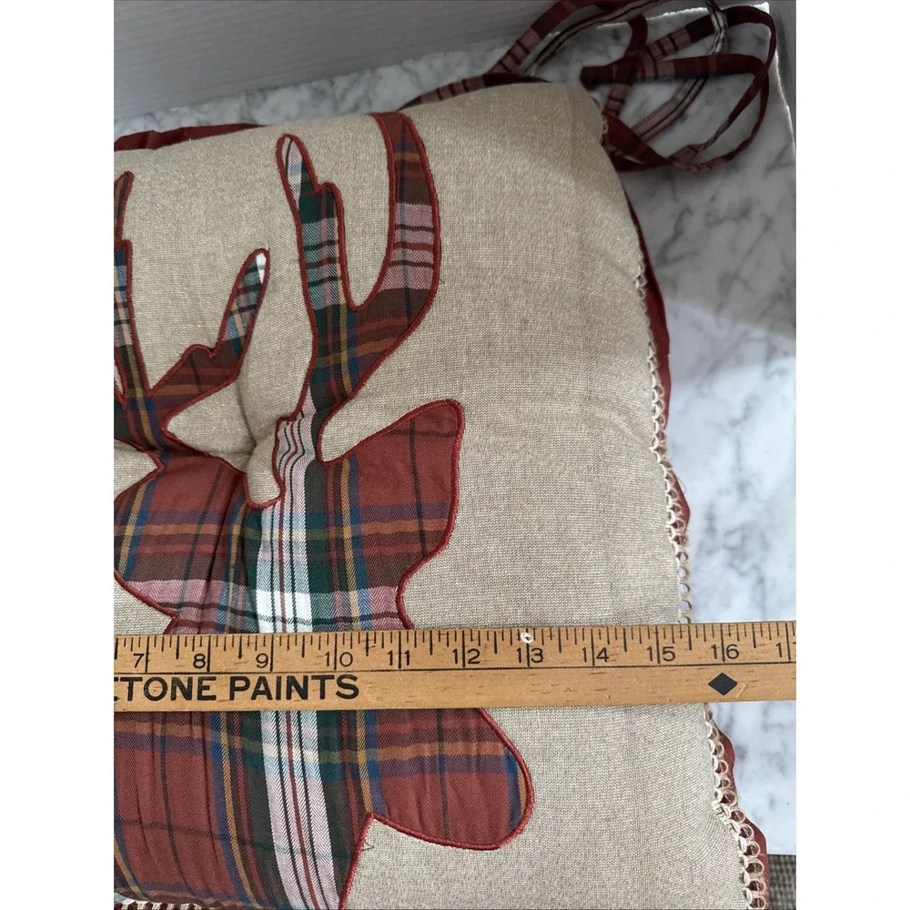 Pier One Imports Christmas Holiday Plaid Reindeer Chair Cushions Pillow 16